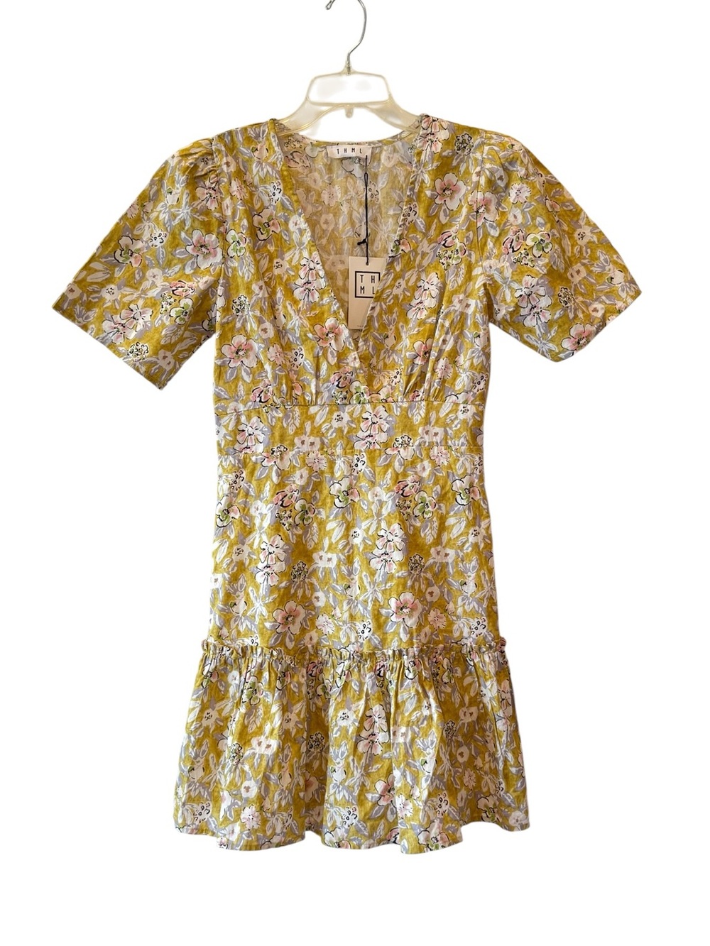 New THML Yellow Floral V-Neck Tiered Mini Dress Medium Cottagecore Coquette Girl
